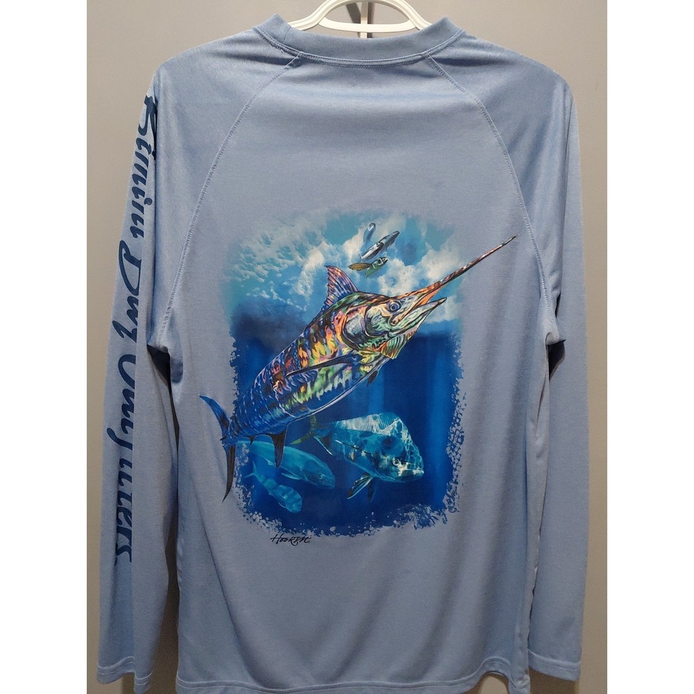 Bimini Bay Mens Fishing Shirt Small Blue Polyester Graphic Sleeve